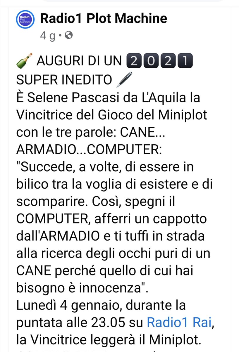 SPascasi's tweet photo. Fra un pochino leggerò per Radio 1 RAI il mio miniplot vincitore
#scrivere #scrittori #scritturebrevi #scrittura #leggere #autori #romanzo #Dimmicheesisto #storie #pensieri #scrittrici #radio1rai #radio1plotmachine #2021NewYear #nuovoanno #HappyNewYear2021 #buonanotte https://t.co/9at6Re6ga9