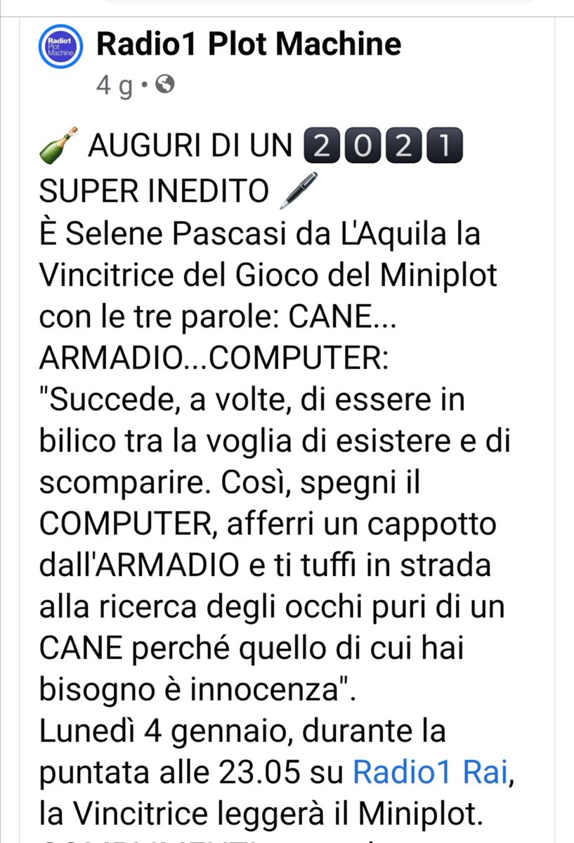 Fra un pochino leggerò per Radio 1 RAI il mio miniplot vincitore
#scrivere #scrittori #scritturebrevi #scrittura #leggere #autori #romanzo #Dimmicheesisto #storie #pensieri #scrittrici #radio1rai #radio1plotmachine #2021NewYear #nuovoanno #HappyNewYear2021 #buonanotte