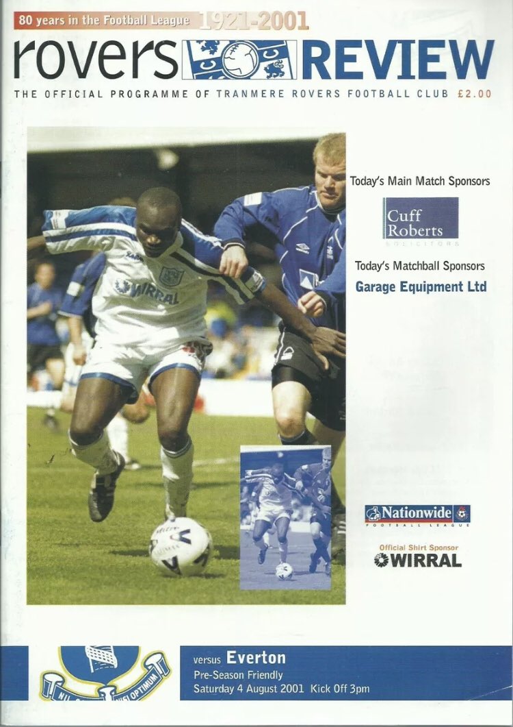 #197 Tranmere Rovers 1-0 EFC - Aug 4, 2001. EFC took a Ferry Across The Mersey to face Dave Watson’s Tranmere Rovers side, in the annual friendly at Prenton Park. Tranmere were victorious 1-0, with a goal through Nick Henry. 18 year old Nick Chadwick made his EFC 1st team debut.