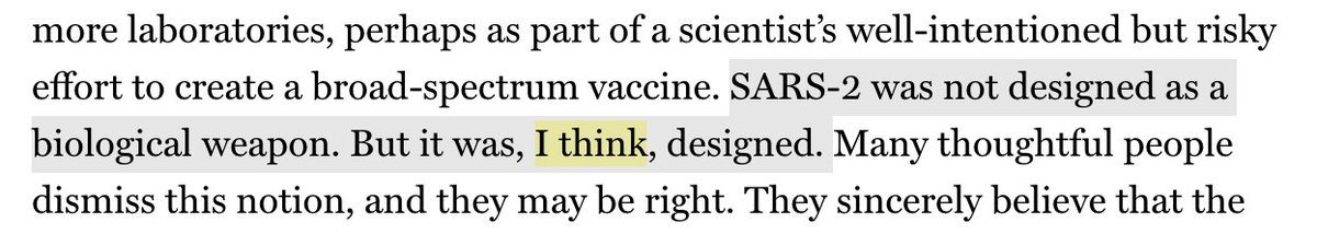 That's the thing,  @Ayjchan. The  @nymag/ @nicholsonbaker8 article doesn't just speculate. Its primary takeaway is that the SARS-CoV-2 was bioengineered, even though it doesn't objectively present the evidence to the contrary.  https://twitter.com/Ayjchan/status/1346148419514093568