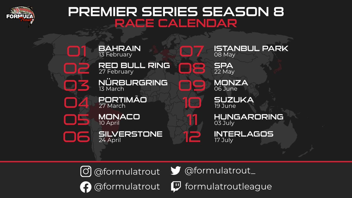 FormulaTrout_'s tweet photo. Our calendar for Season 8 of the Premier Series, starting with Bahrain on 13.02.2021! 

Join our Discord to take part at https://t.co/EZczVoj5TB

#simracing #esports  #motorsport #RaceSimStudio #assettocorsa #Racing #simdriver #worldwide #racetrack https://t.co/ksUUW8kPiE