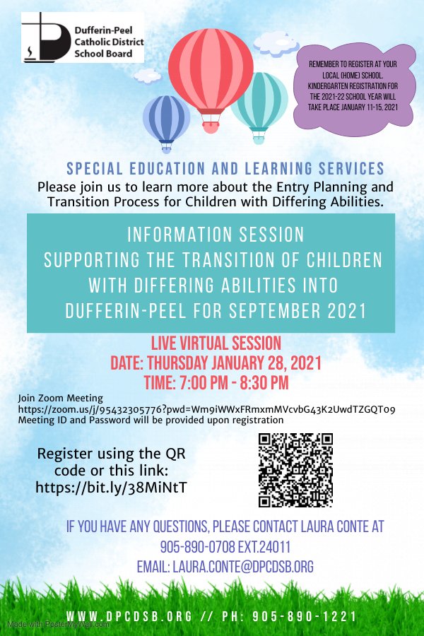 #DPCDSB's Special Education and Learning Services Department will host a virtual Information Session to Support the Transition of Children with Differing Abilities on Thursday, January 28, 7:00 PM – 8:30 PM. 

➡ Learn more and register for the session: ow.ly/qGxU50CZiub