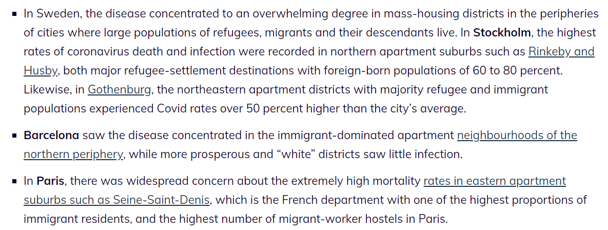 ONE--the concentration of COVID-19 infection in immigration-settlement districts ("arrival cities").In developed countries, due to the "suburbanization of immigration" over the last 20 years, this has made it a disease overwhelmingly of inner-suburban apartment districts