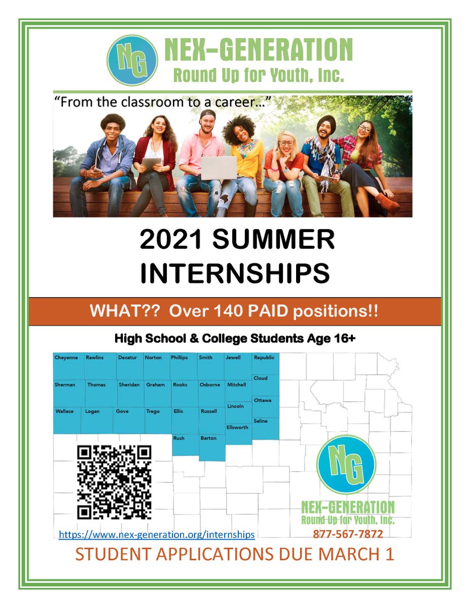 Attention HS and College Students (ages 16+) 
We have more than 140 PAID #internship positions available in NW and NC Kansas! WOW!!
The Summer Internship Application portal is now OPEN for you to apply! nex-generation.org/internships #careerdevelopment #youthdevelopment