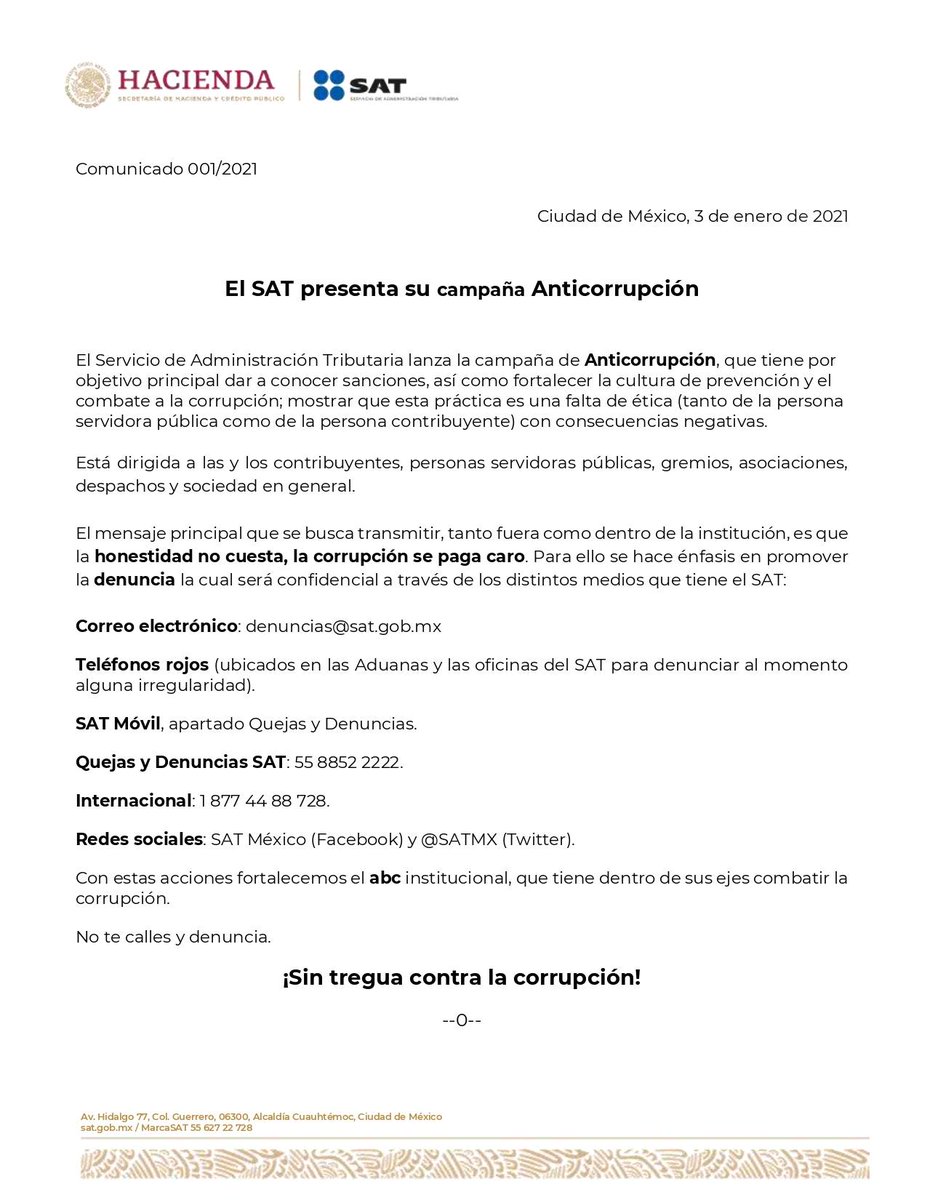jpa_mexico's tweet photo. El día de ayer, el SAT lanzó su campaña #anticorrupción dirigido a contribuyentes, servidores públicos, gremios, asociaciones, despachos y sociedad en general; promoviendo la denuncia confidencial mediante teléfonos, correo y redes sociales.
Fuente: SAT México
#jpamexico https://t.co/vhJdb81gYs