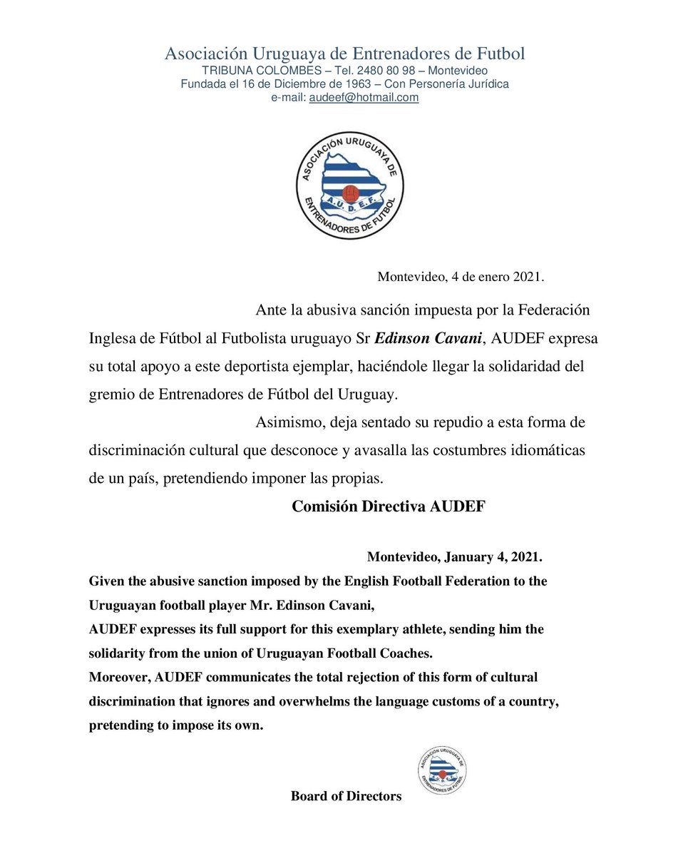 VQV_Futbol's tweet photo. 🚨 #AUDEF se suma al apoyo a Edinson Cavani. #VamosQueVamos https://t.co/NVuApp8zeq