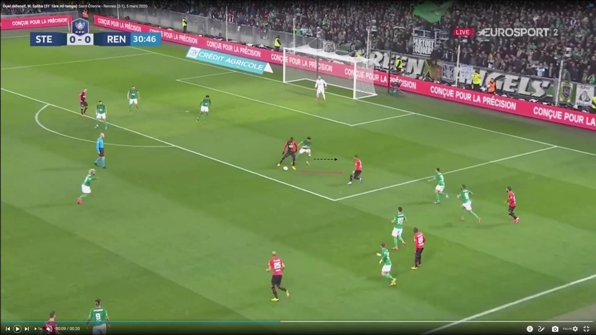 1/ Saliba vient toujours coller le 9 adverse pour l'empêcher de se retourner2/ Il voit qu'il a un 2v1 à gérer et gicle vers le joueur libre avant qu'il ait reçu la balle3/ Il défend debout, maitrise la situation, et permet à ses coéquipiers de se replacer