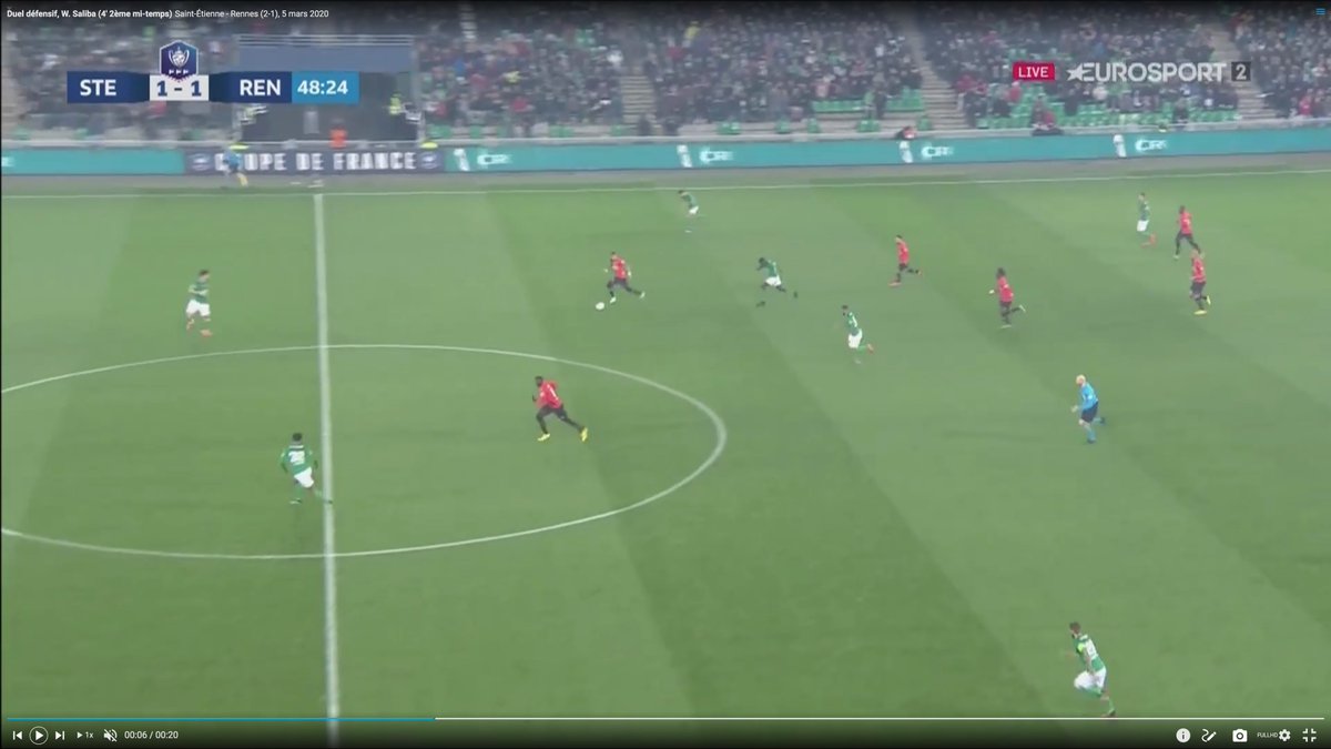 Saliba défend selon l'adage "le dernier qui bouge a perdu"1/ 2v2 en transition2/ Il se réoriente pour contrôler la course de Raphinha3/ Attend que l'attaquant prenne une décision en gardant 1m d'intervention4/ Passe devant sur le croche intérieur