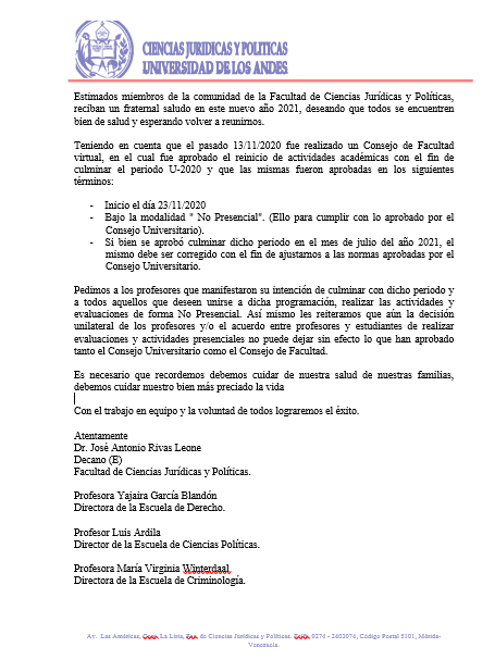 Estimados miembros de la comunidad de la Facultad de Ciencias Jurídicas y Políticas, reciban un fraternal saludo en este nuevo año 2021, deseando que todos se encuentren bien de salud y esperando volver a reunirnos.
...