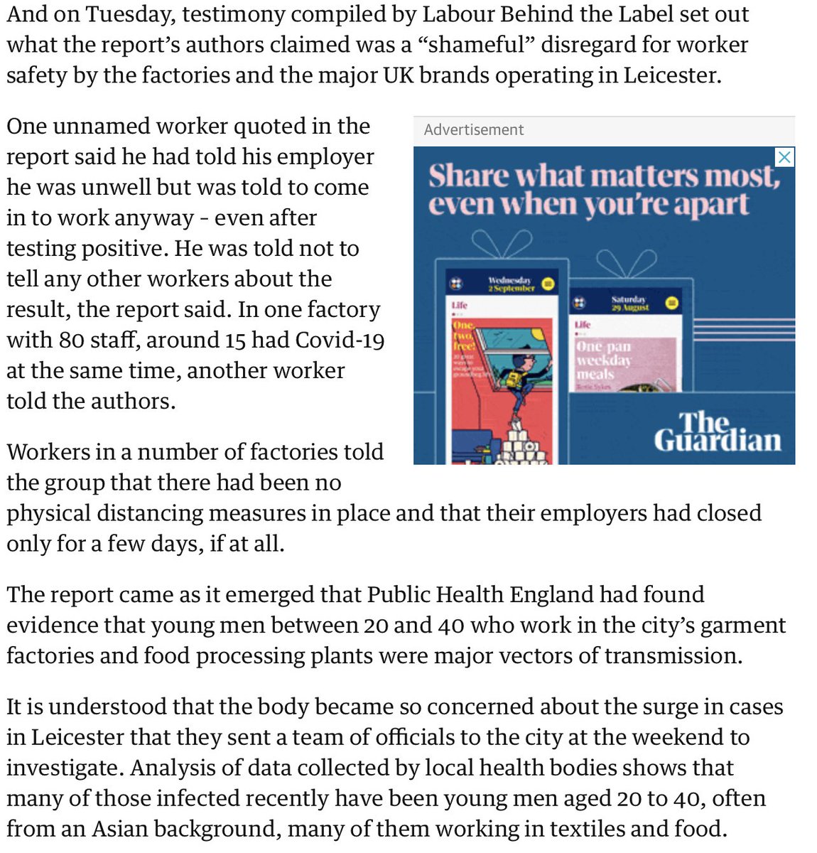Why did they have an outbreak? Because workers were working in unsafe conditions, & because workers did not feel they could self-isolate when sick. These outbreaks then spilled over into the community, & restrictions came in.It is as simple as that. 8 https://www.theguardian.com/uk-news/2020/jun/30/some-leicester-factories-stayed-open-and-forced-staff-to-come-in