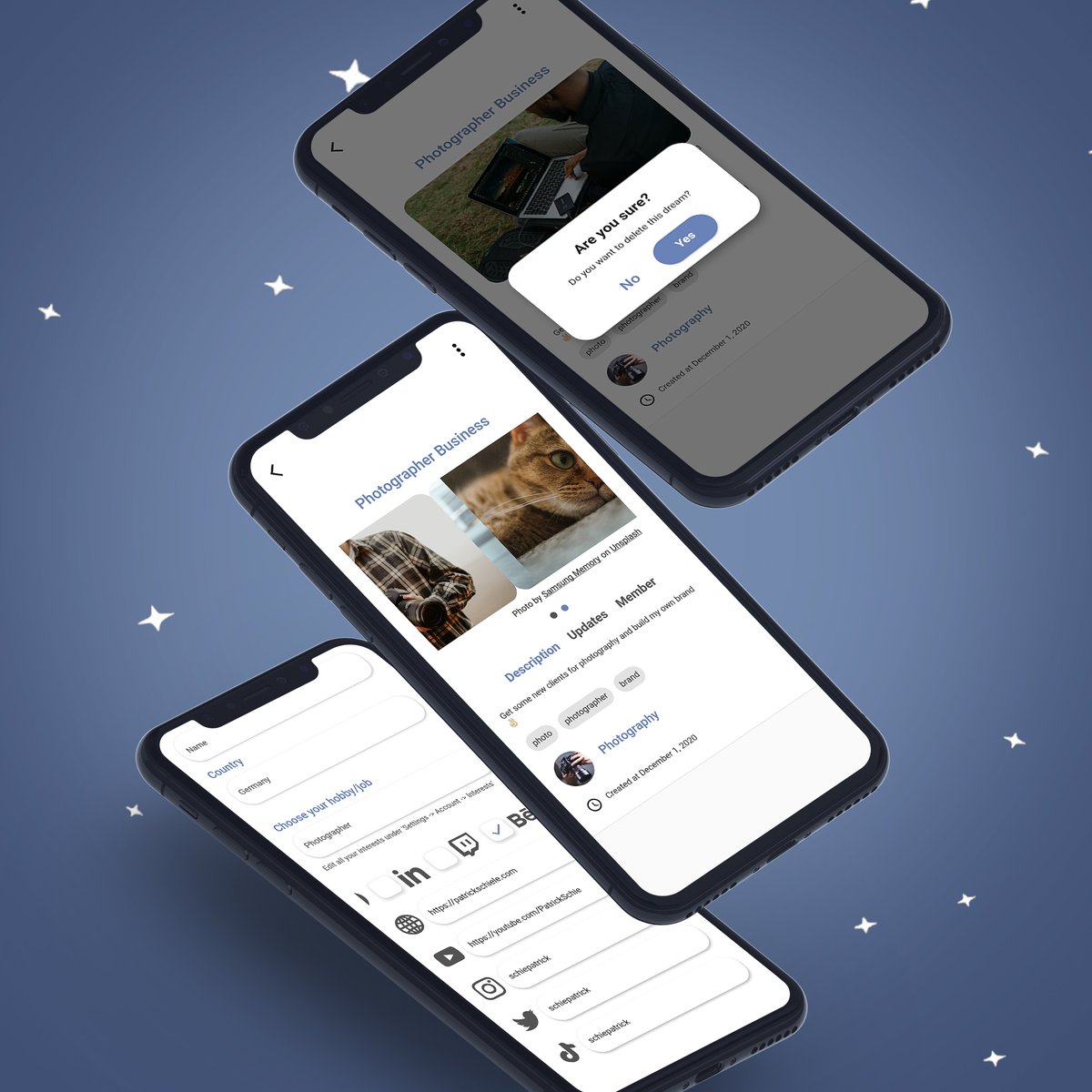drealityapp's tweet photo. 🌟Dreality Update 1.0🌟
- We added TikTok, Behance, Twitch &amp; Your Website to the Social Media Links. 💫
- You can now edit &amp; delete your dreams. ❌
- You can upload multipel pictures to your dream. 🖼
- Solved many bugs! https://t.co/5BWfZeVIyL