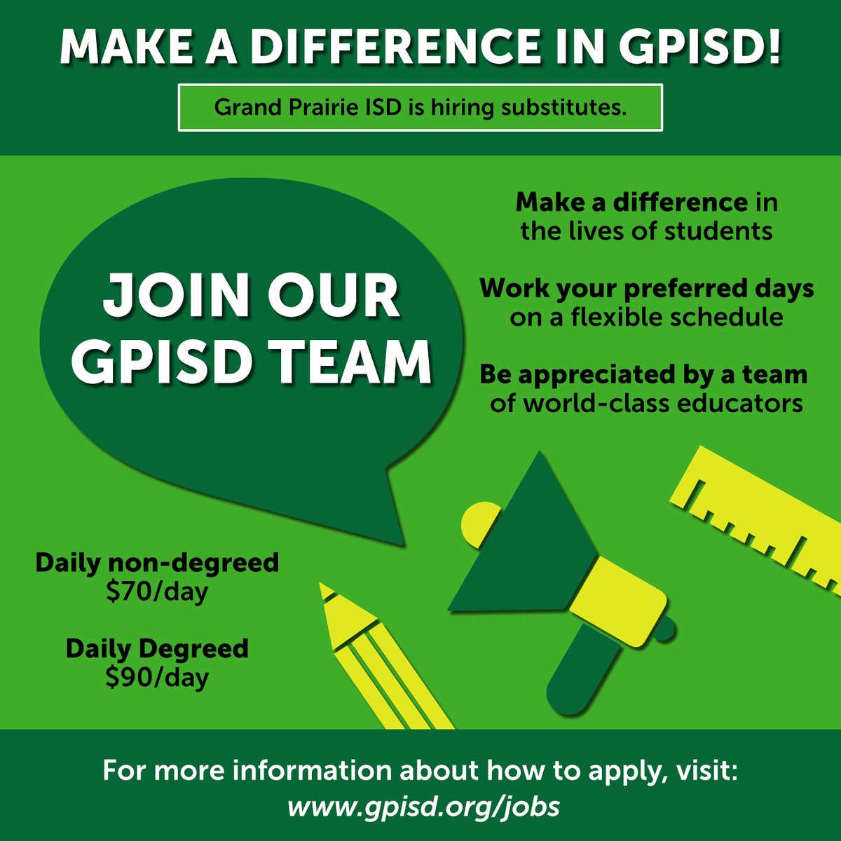 grandprairieisd's tweet photo. GPISD is hiring caring, responsible adults as substitute teachers.  If you want a job that makes a difference in the lives of students &amp; offers you flexibility, we are looking for you. https://t.co/lBoebkBASN to apply to a GPISD substitute teacher. #WeAreGPISD #JoinAWinningTeam https://t.co/NtBlCtcSii