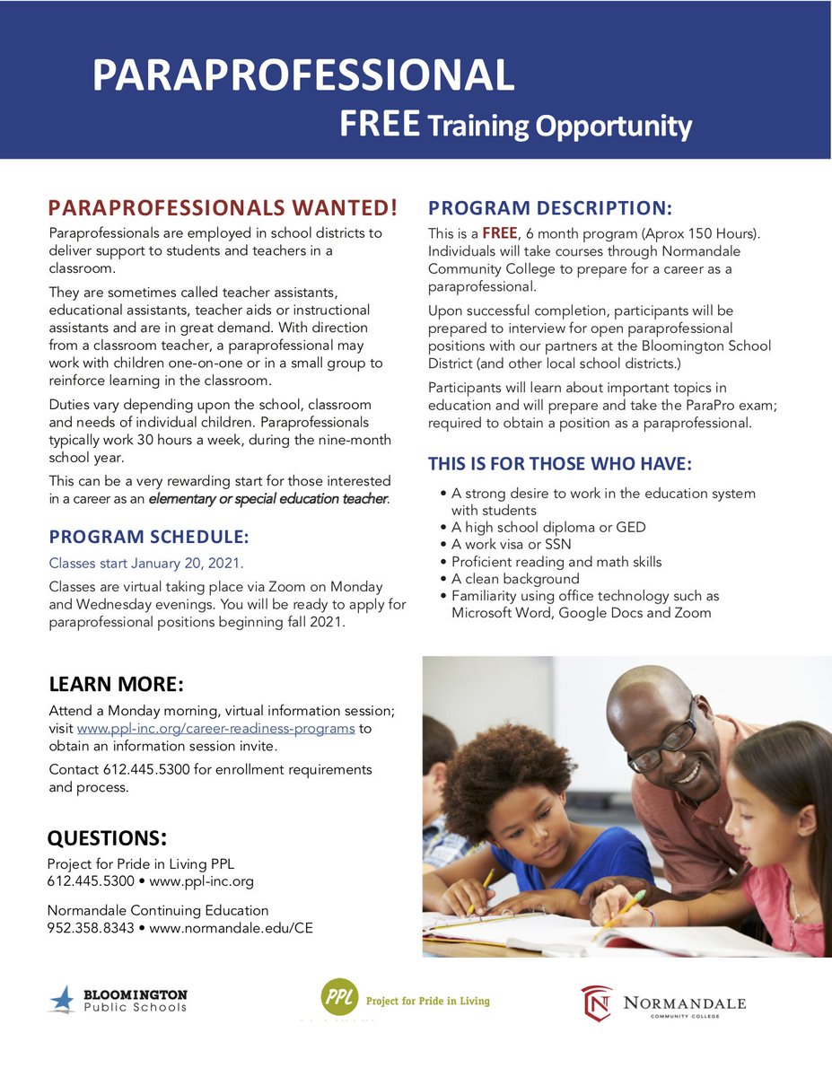 Bloomington Public Schools Bps Has Ongoing Openings For Paraprofessionals If You Know Someone Who Might Be Interested Please Share This Free Training Opportunity Which Starts Jan 21 The Opportunity