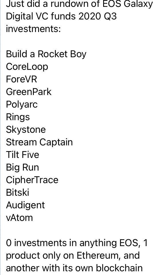 So here we are with another look at  #EOSVC. Looks like  @GalaxyDigital  @novogratz have failed the intent and spirit of  https://vc.eos.io  to “support the EOSIO ecosystem through strategic investments and venture capital partnership funds.”  @BrendanBlumer  @block_one_