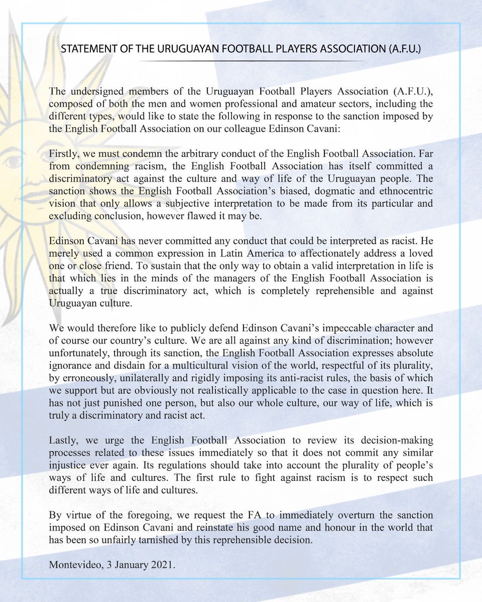 askomartin's tweet photo. Edinson Cavani situation. Statement of the Uruguayan Football Players Association. I agree 100%. @ECavaniOfficial 👍🏻🇺🇾 https://t.co/BtKYuBFqQZ