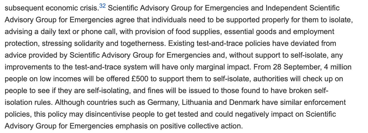 SAGE and iSAGE agree that for individuals to be supported properly for them to isolate, a daily text or phone call, provision of food supplies, and essential goods and employment protection are needed. They also stress solidarity and togetherness rather than divisive messaging.