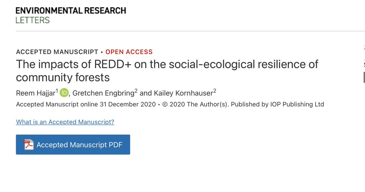 Does REDD+ increase or decrease resilience of community forests? That's the question we ask in our new paper, out in ERL http://bit.ly/3b8yFIk     @IOPenvironment  @COFOregonState 1/4