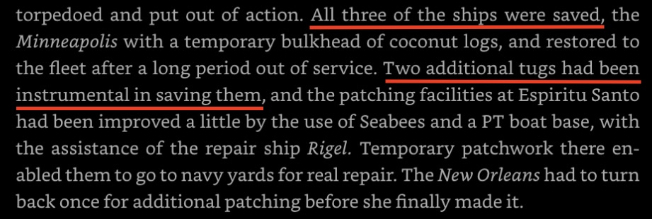 And that tugs were able to help save three heavily damaged cruisers after the Battle of Tassafaronga: