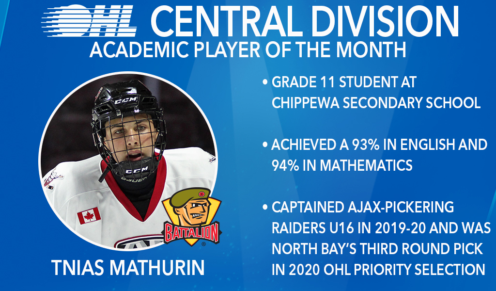 Congrats to <a href="/OHLBattalion/">North Bay Battalion</a> rookie defender Tnias Mathurin (<a href="/TniasMathurin/">Tnias Mathurin</a>) named #OHL Central Division Academic Player of the Month with high marks in Grade 11 studies at <a href="/CSS_CarpeDiem/">Chippewa Secondary School</a>: bit.ly/38XUK9C