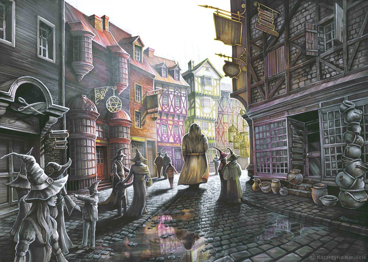 K_KmiecikART's tweet photo. I hope you enjoy my vision of Diagon Alley (2014, 50x70cm, markers + Ecoline) - my most favorite place from the magical world of Harry Potter's!
This mixed-media #illustration was inspired by the first #HarryPotter book by J.K. Rowling. 

Art prints: 
https://t.co/RMQ2WJgJLm https://t.co/ocJpe8Pyr0