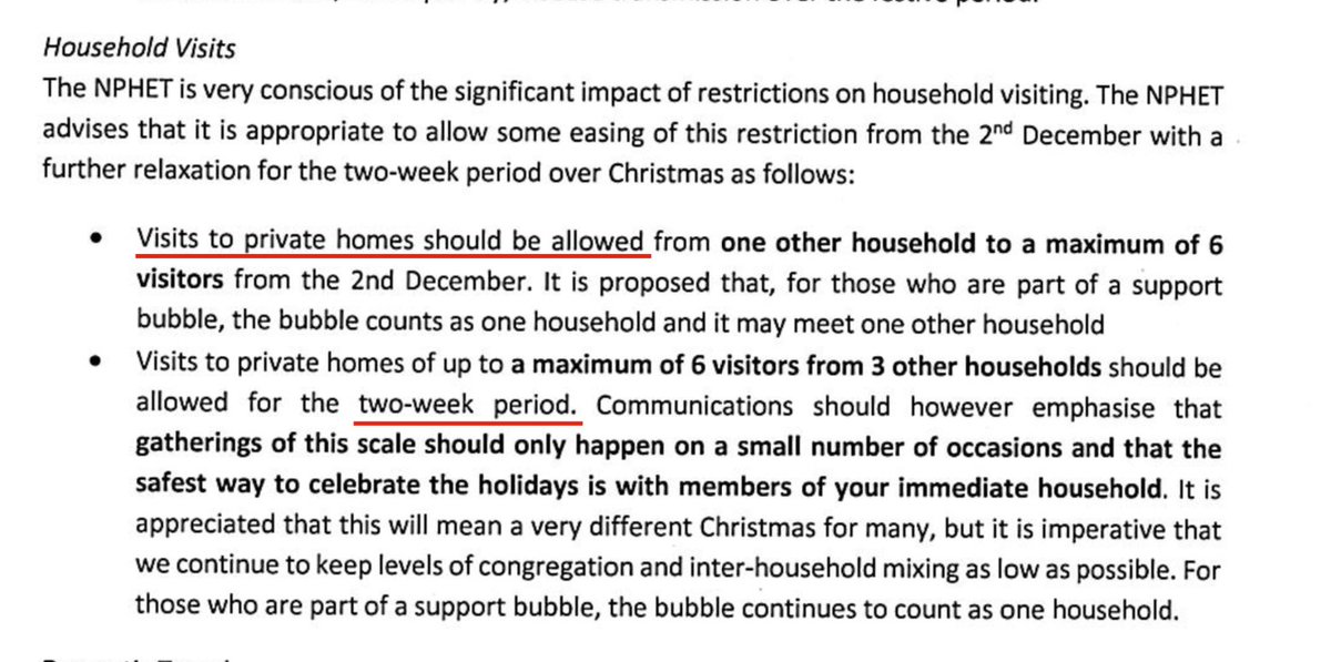 In a letter dated 26 Nov 2020,  @CMOIreland advised AGAINST opening hospitality due to the risk of super-spreading events and - in bold type - *particularly* against opening BOTH household visits AND hospitality.The Irish government ignored this advice. https://assets.gov.ie/99265/1c5ba10e-465d-4494-b7fb-f4c50bbb96fc.pdf