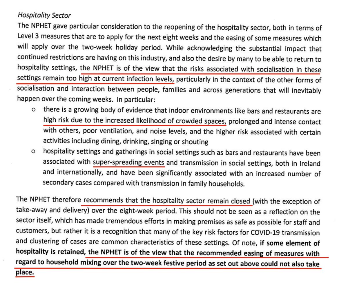 In a letter dated 26 Nov 2020,  @CMOIreland advised AGAINST opening hospitality due to the risk of super-spreading events and - in bold type - *particularly* against opening BOTH household visits AND hospitality.The Irish government ignored this advice. https://assets.gov.ie/99265/1c5ba10e-465d-4494-b7fb-f4c50bbb96fc.pdf