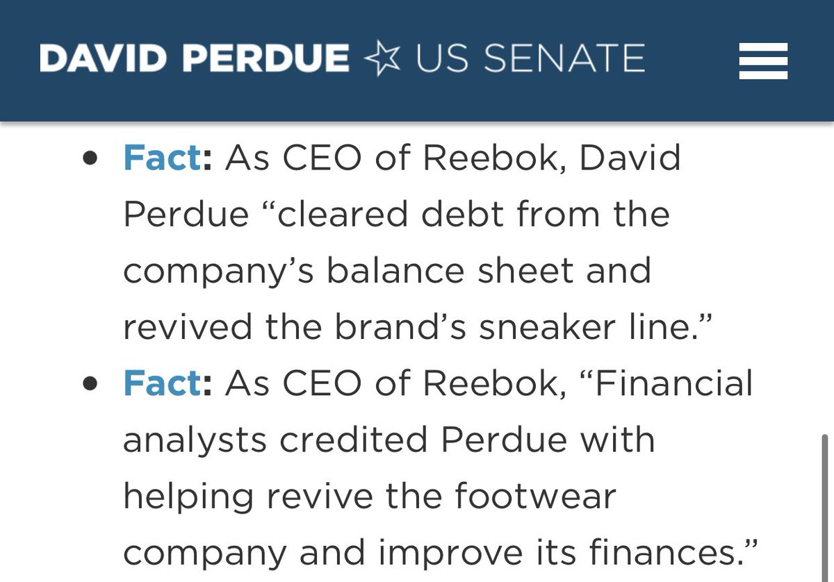 RzstProgramming's tweet photo. David Perdue’s website brags that Perdue, as CEO of Reebok, “cleared debt from the company’s balance sheet and revived the brand’s sneaker line.” How did he do that? #RunoffSurprise https://t.co/VhTcRF2WNh