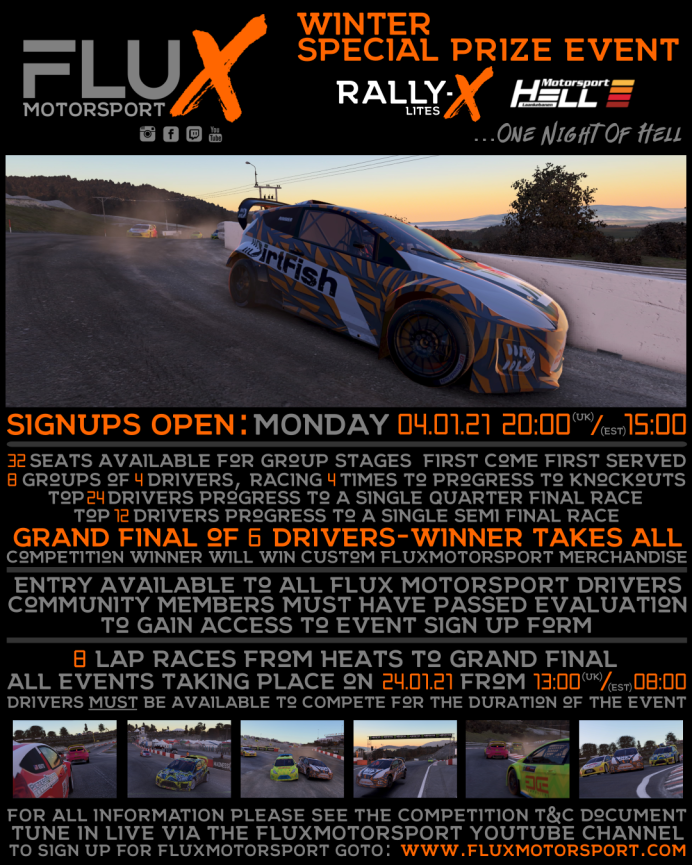 FluxMotorsport's tweet photo. **WINTER SPECIAL EVENT**
We're proud to bring you One Night Of Hell as our second special event features RallyX!
Sign ups are LIVE as 32 drivers battle it out for a place in the knockout stages!
Don’t miss out!
#WinterSpecialEvent #RallyX #OneNightInHell #FluxMotorsport #FLUX https://t.co/hMT0iKIlK4