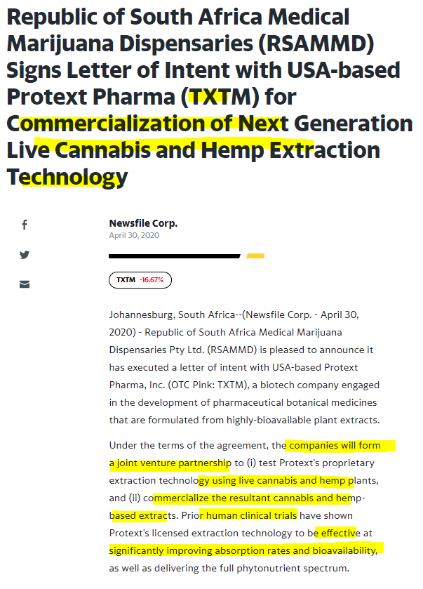  $TXTM This could be next to run! Huge potential! Still 0.0005.- MJ stock involved with medical cannabis- Proprietary live extraction tech- JV partnership with RSAMMD- Hinting at FDA approval- Claiming to be world's largest Cannabis Pharma company
