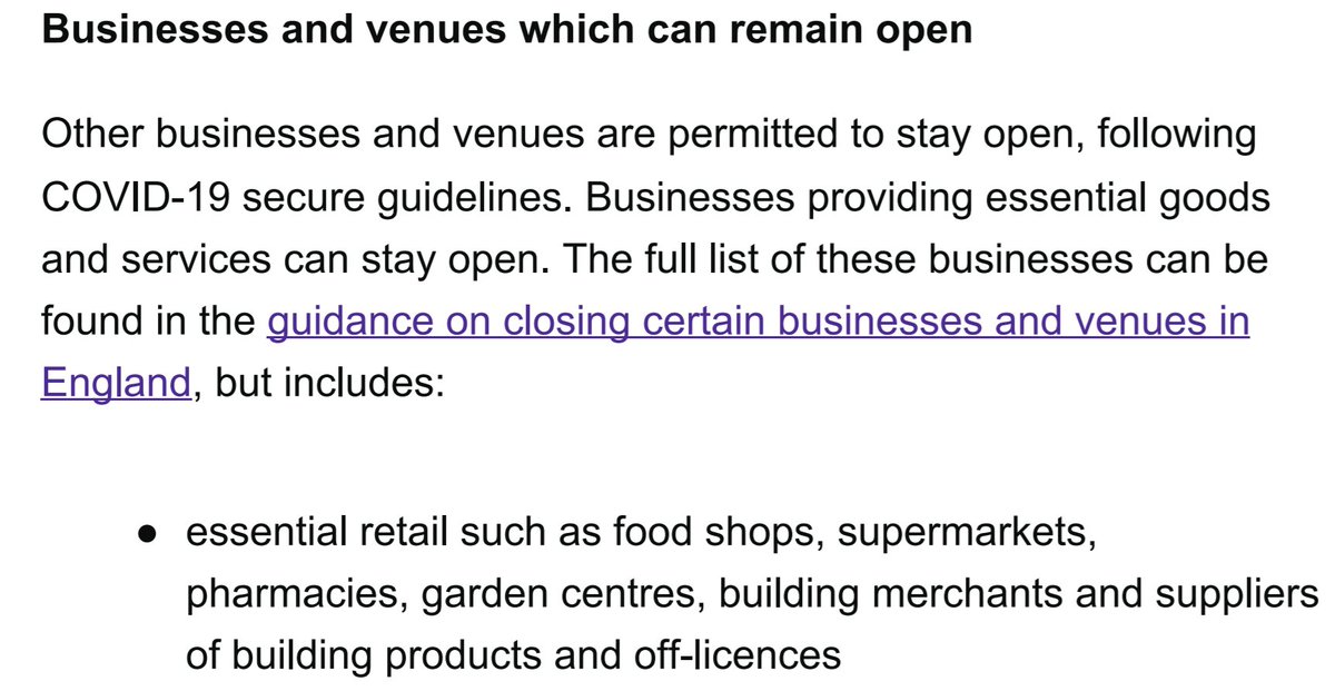 The new national guidance for the lockdown in England states that construction, product manufacturing &amp; builders merchants may remain open. Also tradespeople working in people's homes are permitted to do so. 
#ukconstruction #construction 
assets.publishing.service.gov.uk/government/upl…