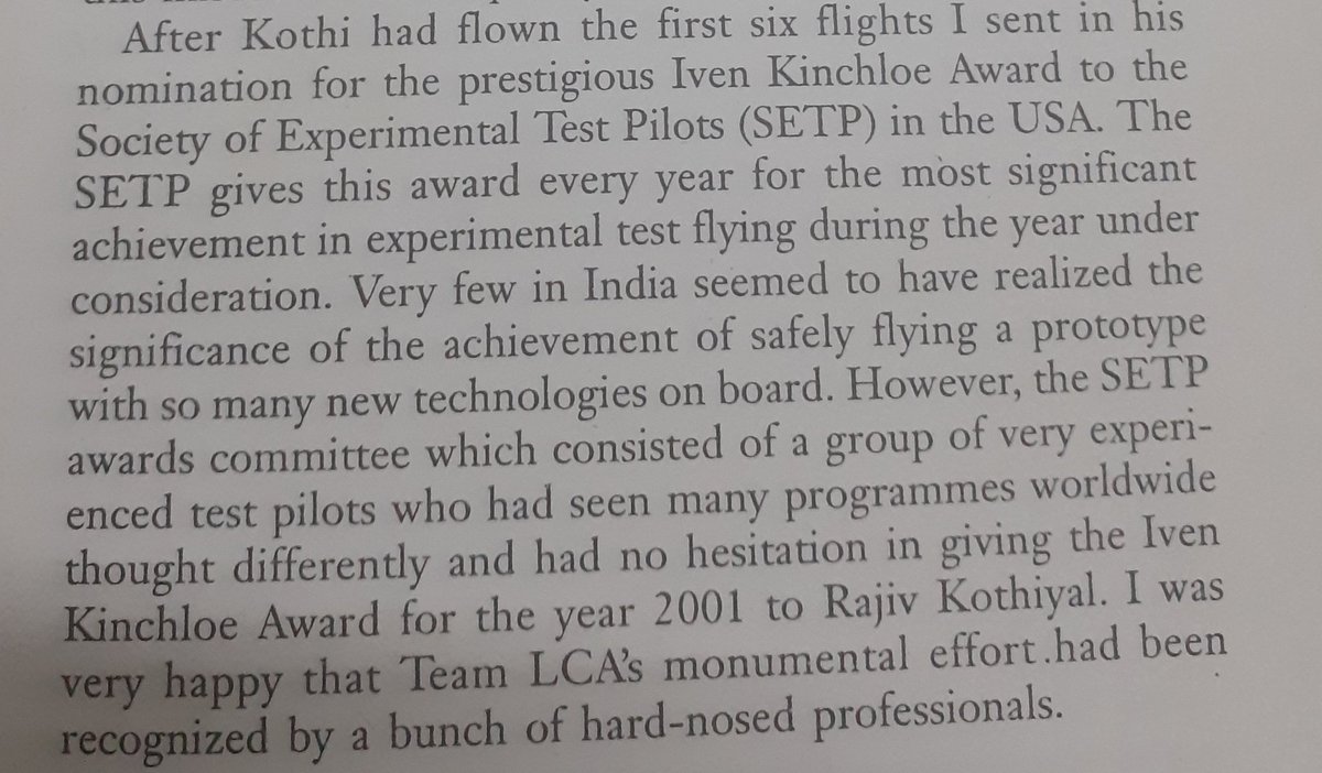 The historic work that WC Kothi did on the LCA Tejas program, earned him the prestigious Ivan Kinchloe Award meant for the TPs.AM Rajkumar's words have let out the anguish about the unfair treatment that the TPs have typically got in India. We are good at worshipping17/n