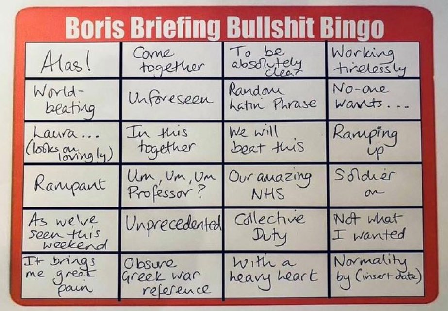 <a href="/NatashaBertrand/">Natasha Bertrand</a> Sterling doing an excellent job but his timing forced me to abandon playing Boris Briefing Bullshit Bingo! He’s speaking at same time Boris Johnson is announcing new lockdown in UK😟