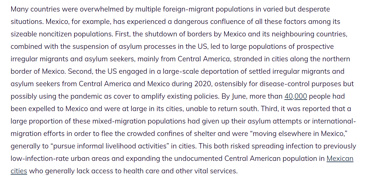 Scholars refer to the "involuntary immobile." They faced a perfect storm in Mexico, where- huge numbers of northbound Central Am. migrants were stranded at the closed US border- The US deported at least 40K people southward- Many gave up refuge attempts and flooded cities