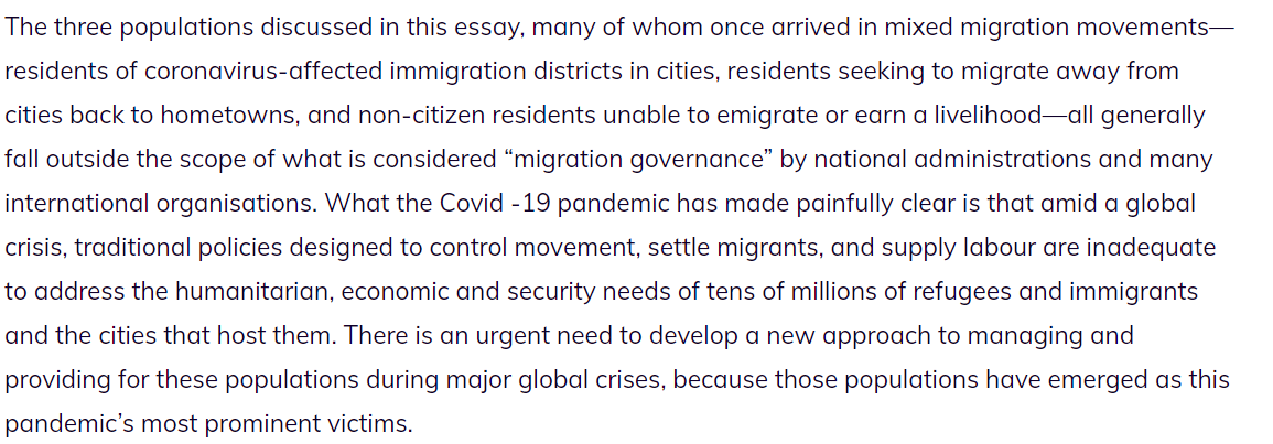 In conclusion, all three of the populations I discuss here fall outside what is usually considered "migration governance." Settled migration-district populations, reverse-migrant groups, stranded populations -- that's where the pandemic hit hardest. As might the next big crisis