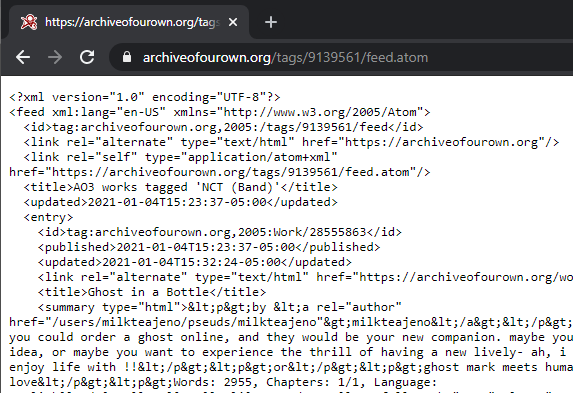 when you click on it, you're gonna see a confusing wall of code, but what you need is just a page address. for example, the NCT fandom tag RSS address is " https://archiveofourown.org/tags/9139561/feed.atom". copy it