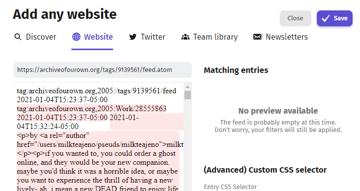 then go back to feeder and post it there, then click "submit". the giant wall of code will appear again, but you can ignore it and simply click "save" at the top right of the page.