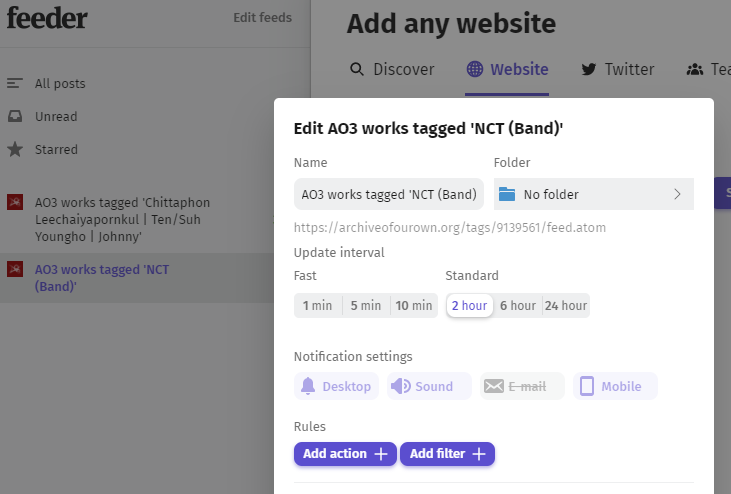 boom, now you have your own rss feed that will send you notifs (you can adjust the update interval and notif settings to your liking) whenever a new work is posted in the tag! you can add multiple tags the same way if you follow several fandoms/ships.
