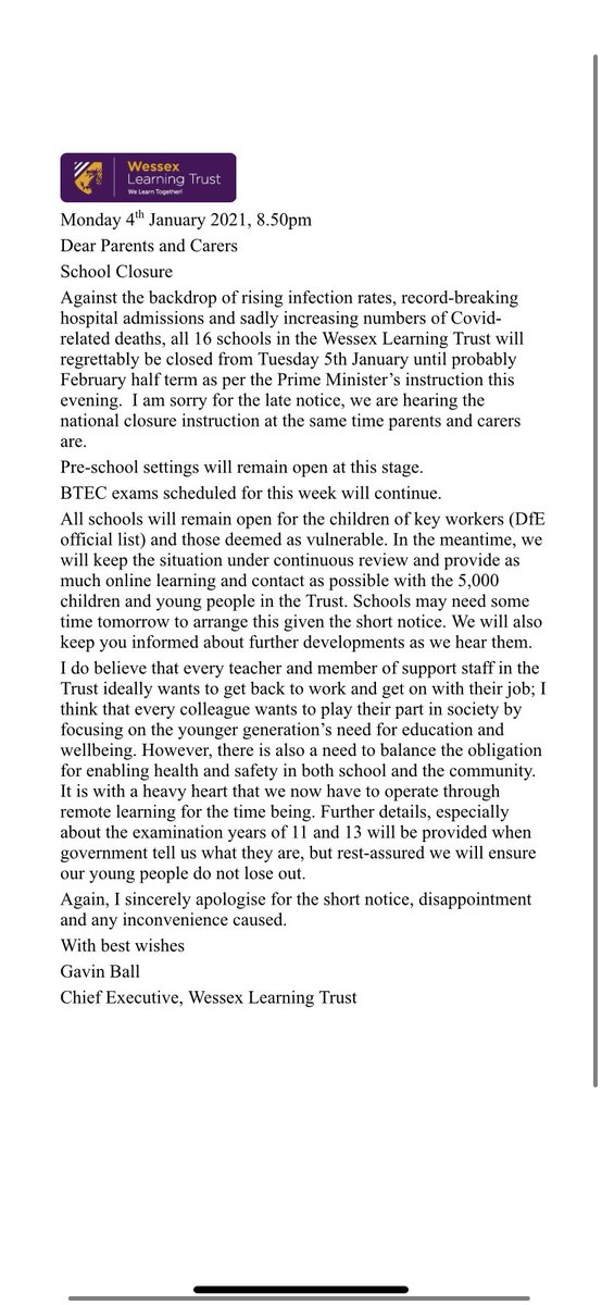 Please see attached  letter issued from the Chief Executive <a href="/WessexTrust/">The Wessex Learning Trust</a>