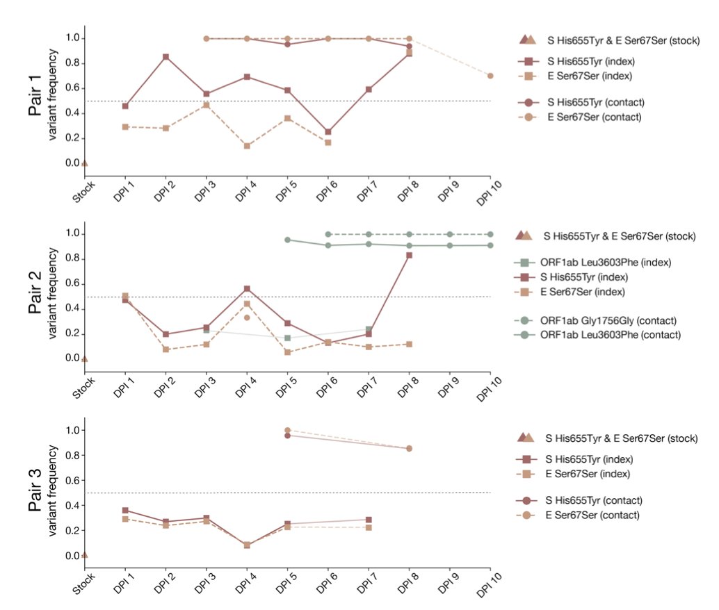 So why did we focus more on Spike H655Y this time? This variant rapidly rose to intermediate frequencies in all 3 index cats, and became fixed in 2/3 contact cats. This made us think this site was possibly under selection. (3/7)