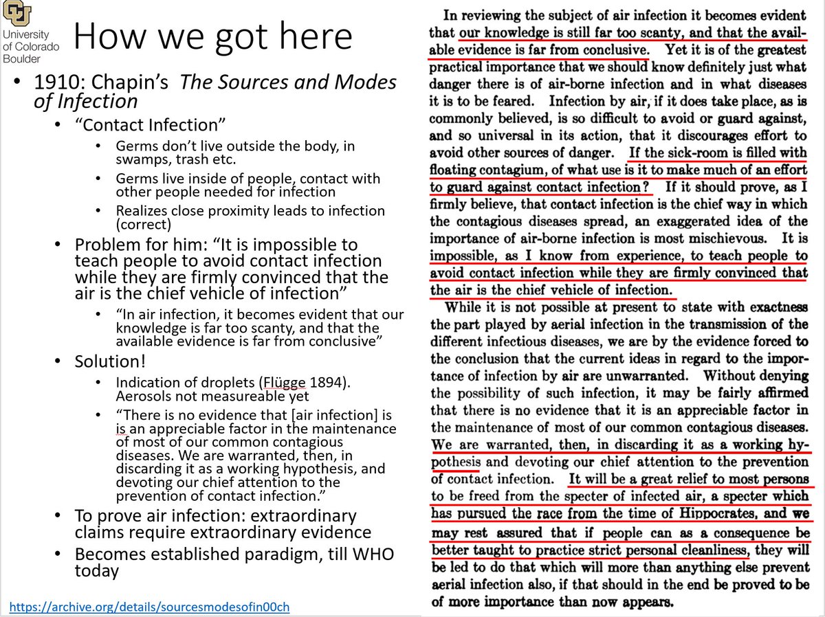 The denial started with Dr. Charles Chapin in 1910, and his book "the Sources and Modes of Infection." He found it convenient to deny airborne transmission, so that people would focus on preventing contact infection. Highly recommended read:  https://archive.org/details/sourcesmodesofin00ch