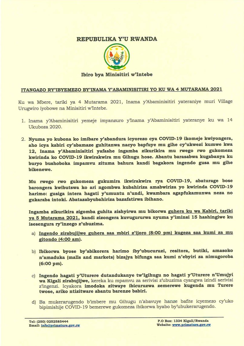 Office Of The Pm Rwanda Itangazo Ry Ibyemezo By Inama Y Abaminisitiri Yo Ku Wa 04 Mutarama 21