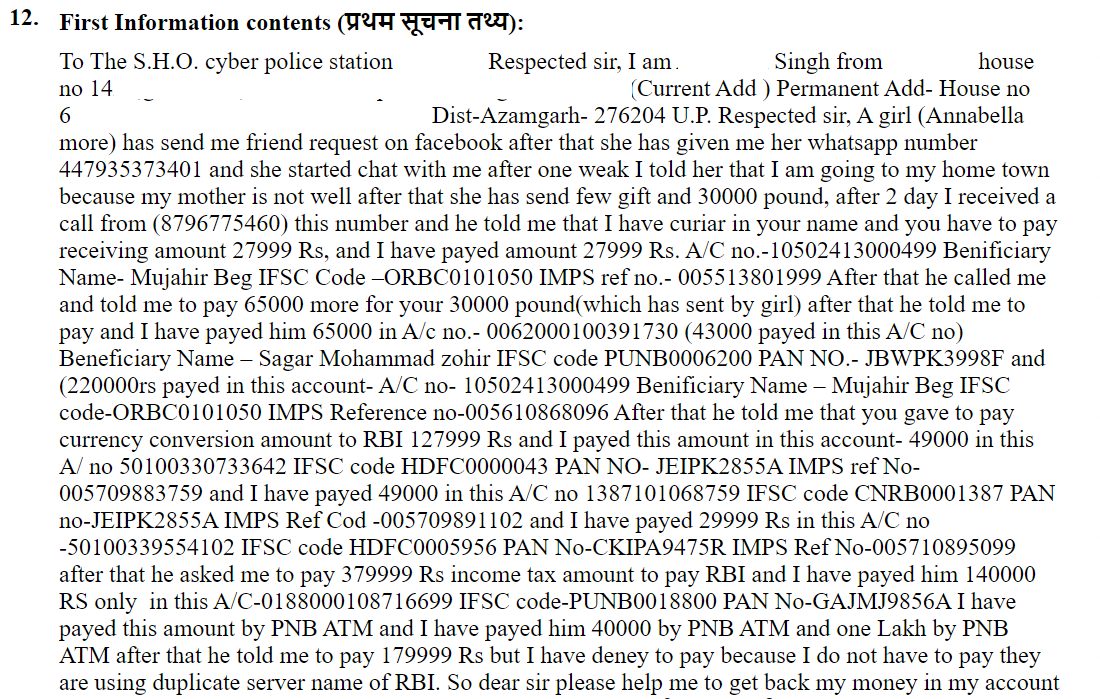 Cyber Fraud type 4- Courier/package fraudsRead the attached FIRs to understand - fraudster will befriend on social media by sharing watsapp number for authenticity. These numbers are generally foreign numbers because watsapp phone calls can't be recorded. 6/16