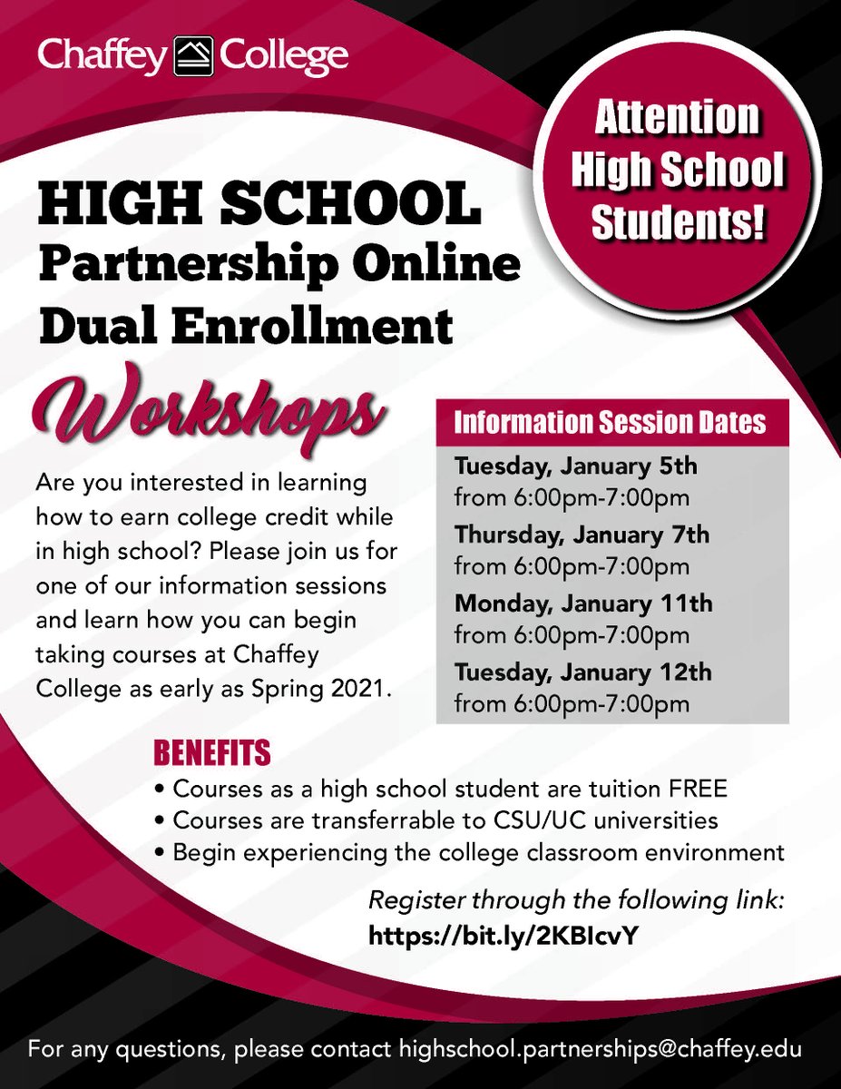 Learn how to earn free college credit while still in high school w/ Chaffey's dual enrollment workshops. <a href="/DonLugoHigh/">Don Lugo High School</a> @Colony_High @OMSD_omsd <a href="/CJUHSD/">Supt. Mat Holton</a> <a href="/ChinoHigh/">chino high couples</a> <a href="/FontanaUnified/">Fontana Unified</a> <a href="/OCSKnights/">Ontario Christian School</a> <a href="/BaldyViewROP/">Baldy View ROP</a> <a href="/LosOsosHigh/">Los Osos High School</a> <a href="/ABMillerHS/">A. B. Miller High School</a> <a href="/SummitSkyHawks/">Summit High School</a> <a href="/fusd_BirchHigh/">Eric Birch High</a> <a href="/UplandUnifiedSD/">Upland Unified School District</a>