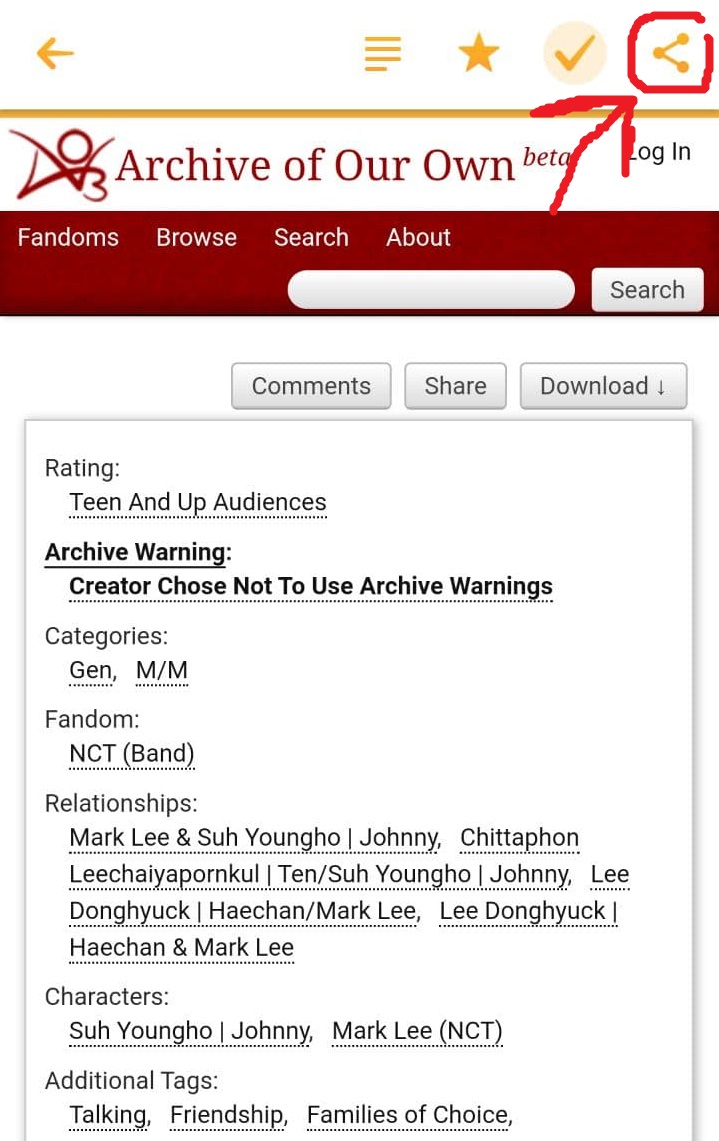to open the same fic page in your normal browser app, tap the "share" icon on the top and then choose your usual browser app as the recipient of the share. the fic will simply open there in a new tab