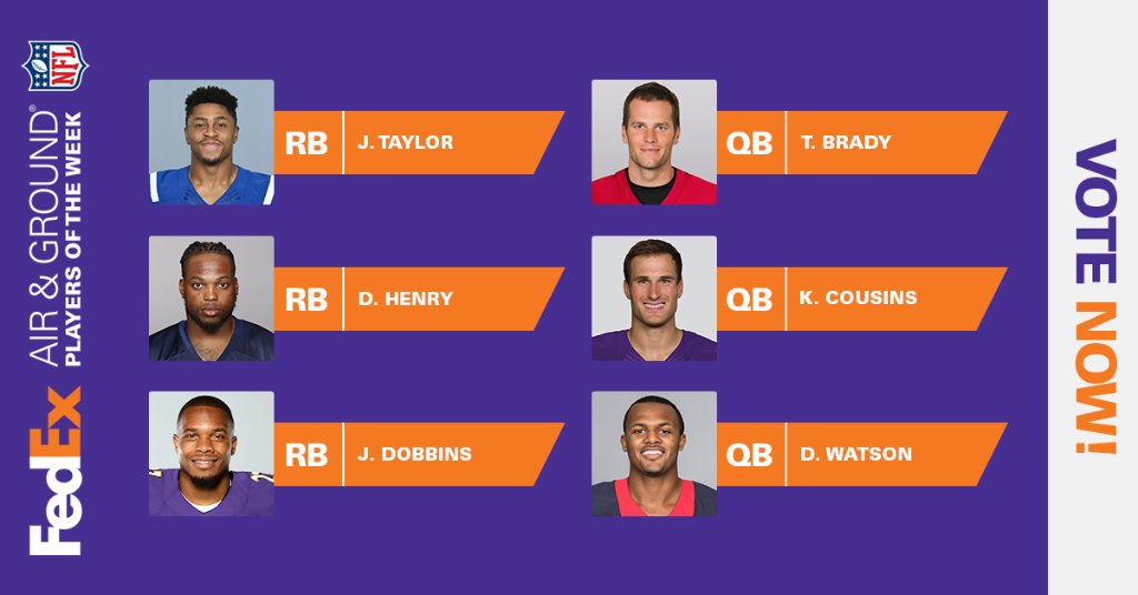 The Week 17 nominees for FedEx #AirandGround @NFL Players of the Week are Tom Brady, Kirk Cousins or Deshaun Watson AND Jonathon Taylor, Derrick Henry or JK Dobbins. Cast your vote and help decide the winners at https://t.co/mfg3FflEHw! https://t.co/fl7qujzupn