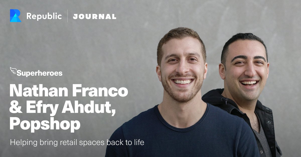 joinrepublic's tweet photo. Founder interview: Nathan Franco and Efry Ahdut of Popshop talk about their 25 year friendship, and their mission to make booking retail store space simple and affordable for businesses.

https://t.co/SPGyxLmAKd https://t.co/aE2WCM3RFJ
