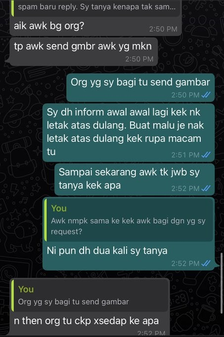 Seller ni jenis macam mana pun takkan mengaku. Ada dekat 10 kali I tanya dia nampak kek dia buat sama ke dengan I request, sampai sudah tak jawab. Tapi dia gi reply kat chat lain yang dah atas atas. After this point, dia dah start bagi voice notes banyak banyak