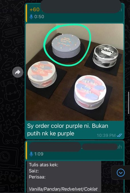 Then I reply satu satu voice note dia.1. Dia cakap color bukan putih tapi purple. Putih nak purple katanya. 2. Dia cakap I tak tanya dia size7&9 tu inci ke berat. Padahal I tanya dia tak jawab3. I tanya lagi sekali sama ke tak4. Dia cakap I bising tanya soalan sama