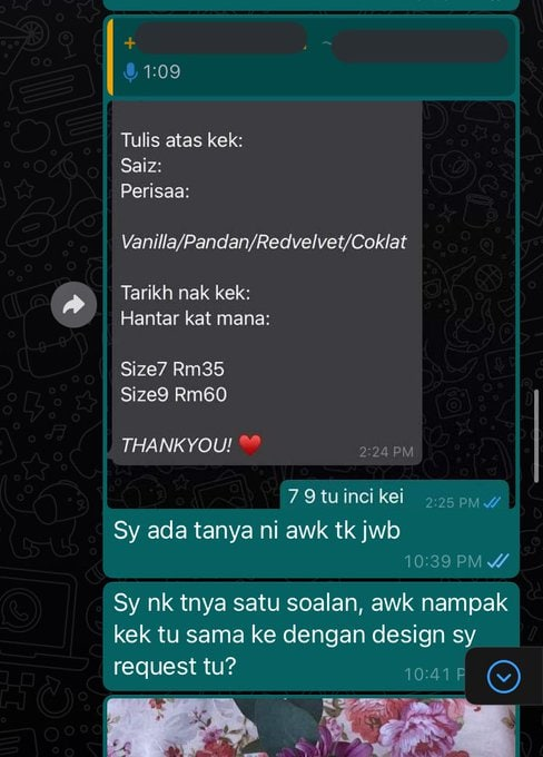 Then I reply satu satu voice note dia.1. Dia cakap color bukan putih tapi purple. Putih nak purple katanya. 2. Dia cakap I tak tanya dia size7&9 tu inci ke berat. Padahal I tanya dia tak jawab3. I tanya lagi sekali sama ke tak4. Dia cakap I bising tanya soalan sama