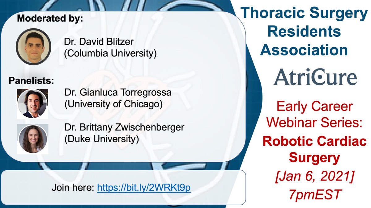 TSRA_official's tweet image. The TSRA is proud to partner with @AtriCure for an early career surgeon webinar series! #TSSMN

Tune in to the first where Dr. Blitzer discusses robotic cardiac surgery with Drs. @GianlucaTorreg1 and @bzwisch Jan 6, 2021 at 7pmEST

Link to join -&amp;gt; bit.ly/2WRKt9p